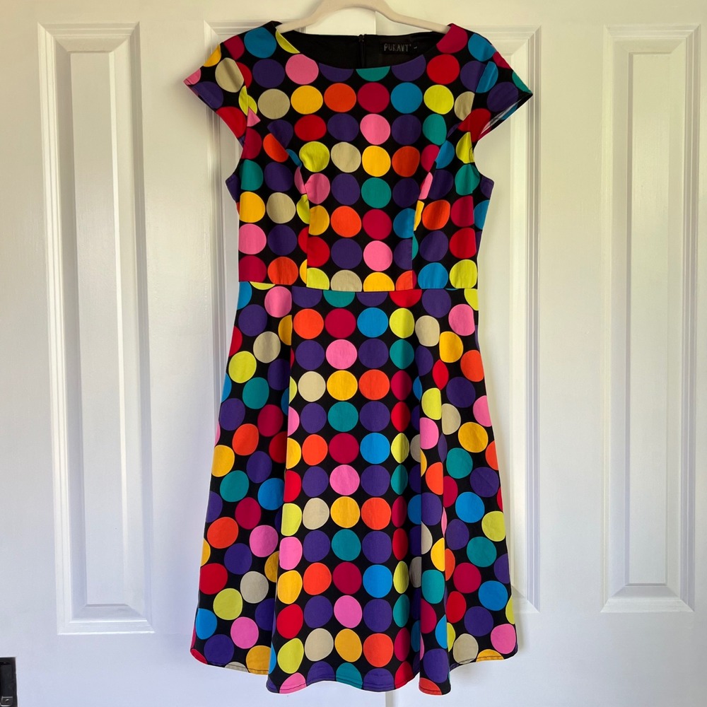 Pukavt Black Colorful Polka Dot Fit and Flare Cap Sleeve Dopamine Dress Size M/L
